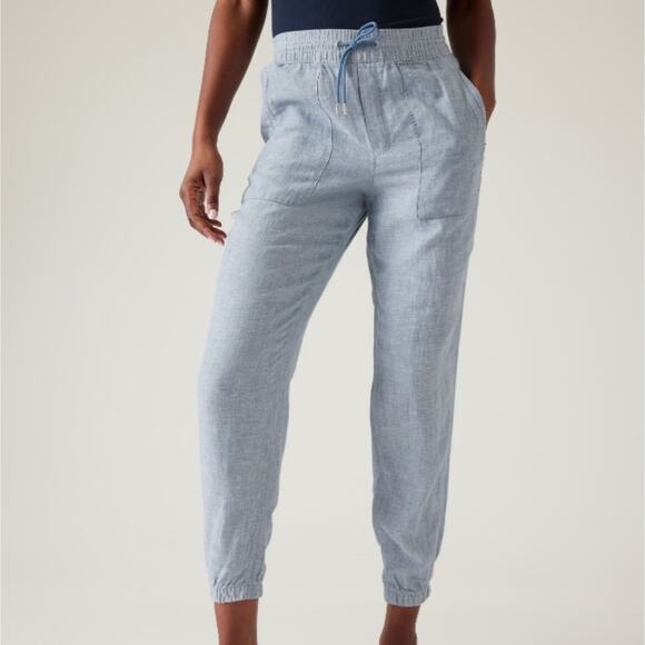 Athleta Blue Elastic Waist Retreat Linen Joggers 12 - Picture 1 of 11